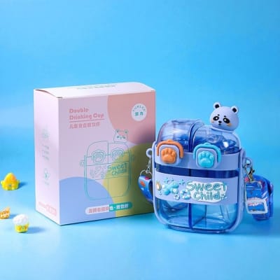 Picture of 500ml Kids Cartoon Panda Water Bottle with Straw | Cute Plastic Drinking Cup for Children | Durable Food Grade Material | Portable Double Drink Mug for School Travel Home Daily Use Blue-Blue