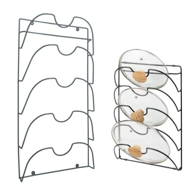 Picture of 1 pcs Metal Wire Pot and Pan Lid Rack Organizer for Kitchen Cabinet Doors or Wall Mount - Upright Storage Holder with 5 Slots - Black-Black