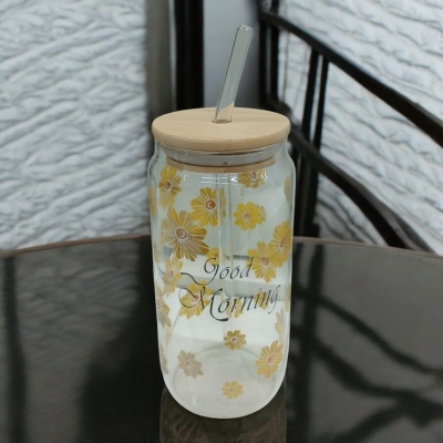 Picture of Aesthetic Can Shaped Glass Cup – 1Pc 400ml Borosilicate Glass with Printed Design, Bamboo Lid & Glass Straw – Microwave Safe, Lightweight & Scratch Resistant – Stylish Tumbler for Iced Coffee & More-Multicolor