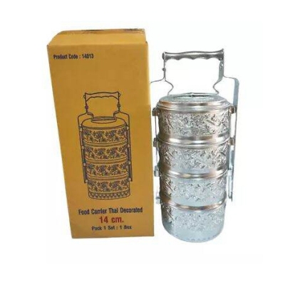 Picture of Food Carrier Thai Decorated 4 Stacks 14cm Aluminium Silver Pinto Sale Promotion-Silver