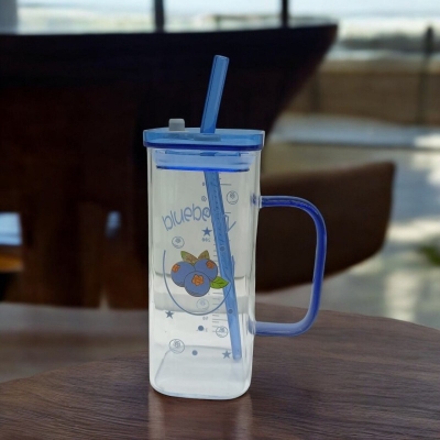 Picture of Multi-Color Glass Sipper Tumbler Mug – 400ml Borosilicate Glass with Acrylic/Wooden Lid & Straw – Microwave Safe, Lightweight & Scratch Resistant – Perfect for Juice, Coffee, Tea,s – Pack of 1-Blue