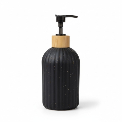 Picture of Premium Matte Black Ribbed Glass Soap Dispenser with Eco-Friendly Bamboo Pump, Elegant 410ml Refillable Countertop Liquid Hand Sanitizer and Dish Soap Bottle for Modern Minimalist Farmhouse Style Kitchen and Luxury Bathroom Decor-Black