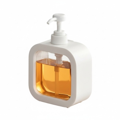 Picture of Modern white square-shaped plastic soap dispenser featuring a clean exterior shell and a clear internal window for easy liquid level monitoring perfect for enhancing your bathroom vanity or modern kitchen sink decor.-white
