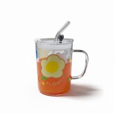 Picture of Floral Design Premium Glass Jar Mug with Handle, Airtight Leak-Proof Lid, and Reusable Straw for Coffee, Milkshakes, Juice, or Water; Elegant Heat-Resistant Borosilicate Drinkware Container Perfect for Stylish Home Decor and Gift.-Multicolor