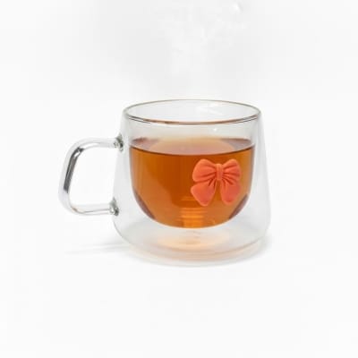 Picture of Elegant double walled borosilicate glass mug featuring a cute 3D pink bowknot decoration, heat resistant insulated tea cup with handle for hot coffee, milk, and latte, perfect gift for stylish women.-Multicolor