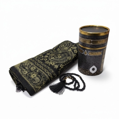 Picture of Premium Kaaba Design Islamic Gift Set Featuring Luxury Taffeta Prayer Rug and 99 Beads Tasbih Rosary in Elegant Cylinder Box Perfect for Ramadan Eid Hajj and Special Muslim Occasions Worldwide.-black