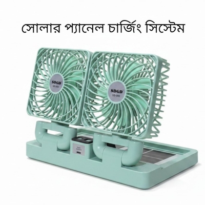 Picture of High-Performance Double Head Solar Charging Fan SDGD SD-999 Rechargeable Battery Powered Portable Cooling Desktop Fan with Attached Solar Panel and USB Charging Support for Home Office Cars Travel Outdoors Emergency Use.-Multicolor