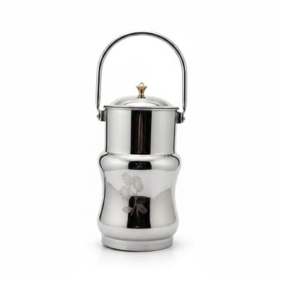 Picture of Premium High-Gloss Mirror Finish Stainless Steel Milk Pot Barni Featuring Elegant Floral Engraving and Decorative Brass Knob Lid Ideal for Hygienic Storage of Fresh Milk Ghee Oil and Kitchen Liquid Items.-Multicolor