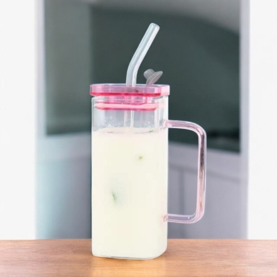 Picture of 400ml Clear Borosilicate Glass Cup with Multicolor Handle, Acrylic Lid, and Straw – Microwave Safe, Scratch Resistant, Lightweight – Perfect for Milk, Juice, Coffee – 1PCS.-pink