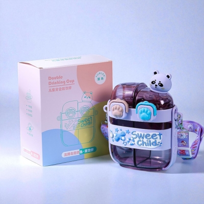 Picture of 500ml Kids Cartoon Panda Water Bottle with Straw | Cute Plastic Drinking Cup for Children | Durable Food Grade Material | Portable Double Drink Mug for School Travel Home Daily Use purple-purple