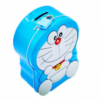Picture of DoDoraemon metal piggy bank or Doraemon cartoon coin box with lock. It is designed to be a simple, secure container for children's-Multicolor