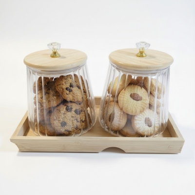 Picture of Premium Airtight Glass Storage Canister Set with Natural Wooden Lids & Crystal Knobs, Displayed on a Coordinated Bamboo Serving Tray-Multicolor