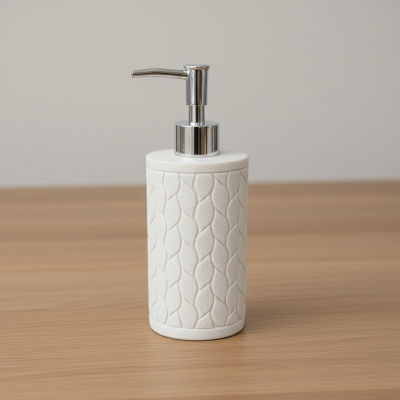 Picture of Premium Polyresin Soap Dispenser with Embossed Woven Leaf Pattern, Refillable Liquid Hand Wash Bottle featuring Rust-Resistant Chrome Pump, Elegant Bathroom Accessory for Home Decor, Kitchen Sink, and Sophisticated Luxury Hotel Style Countertop Organizati-Multicolor