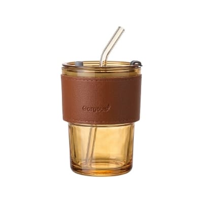 Picture of 1 pcs mug sleeves reusable clear, iced coffee cup, leather cupsoffee travel mug, glass travel coffee mug, mup with leather, leather glass coffe mug with, 15 oz tumbler, iced coffee cups with lids golden color-Gold