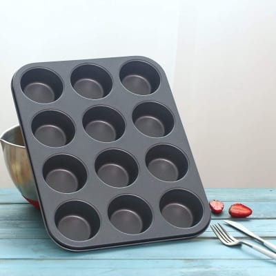 Picture of A Cupcake Baking Tray with 12 Cups, Non-Stick Baking Pan, Brownie Baking Tools, Cupcake Tray, Oven Baking Tray for The Kitchen.-Black