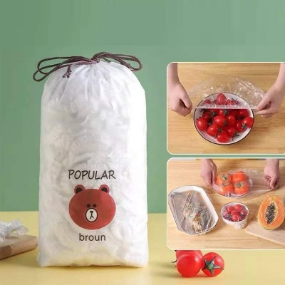 Picture of 100-Pack Reusable Elastic Food Storage Covers with "Broun" Bear Bag-White