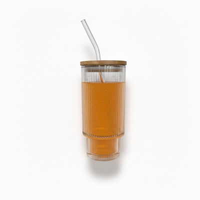 Picture of Premium Ribbed Glass Coffee Tumbler with Natural Bamboo Lid and Reusable Glass Straw, 16oz Aesthetic Fluted Drinking Glass for Iced Coffee, Juice, Cocktails, and Smoothies, Durable Borosilicate Glassware for Home and Travel.-Multicolor