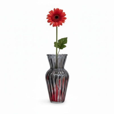 Picture of Exquisite Hand-Blown Murano Style Art Glass Vase Featuring Elegant Vertical Red and Black A Canne Striped Design with Ribbed Texture and Scalloped Rim for Sophisticated Mid-Century Modern Home Interior Decorative Centerpiece Displays-Multicolor