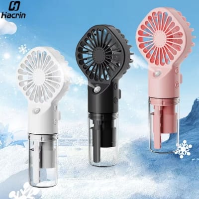 Picture of Portable Handheld Misting Fan with USB Rechargeable Battery and 4-Speed Adjustable Cooling Airflow for Outdoor Travel and Personal Desktop Use in Summer.-Multicolor
