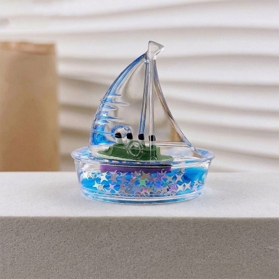 Picture of 1 pcs Acrylic Sailboat Figurine with Star Glitter & Mineral Oil Novel Ocean-Themed Home Decor for Gifts-Multicolor