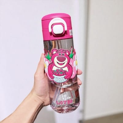 Picture of Strawberry Bear 600ml Children Double Drinking Cup with Straw Cute Plastic Mug for Boys Girls School Use Anti-fall Tritan Water Bottle Household Milk Coffee Juice Tea Drinkware Durable BPA Free-Multicolor