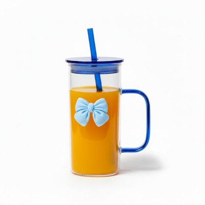 Picture of Premium Square Borosilicate Glass Coffee Mug featuring Aesthetic Blue 3D Bow Decoration, Leakproof Lid, Matching Reusable Straw, and Ergonomic Handle for Stylish Iced Tea, Smoothies, Milk, Juice, and Trendy Home Drinkware.-Multicolor
