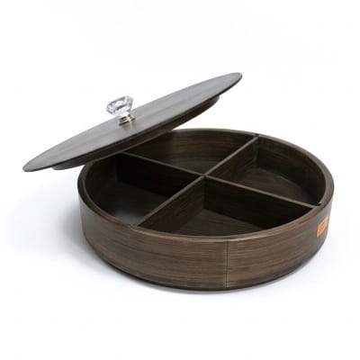 Picture of Premium Round Wooden Dry Fruit Tray with Lid and 4 Divided Compartments for Serving Nuts Candy Snacks and Appetizers, Elegant Dark Bamboo Decorative Storage Box for Home Kitchen and Dining Table.-Multicolor