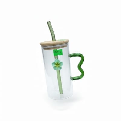 Picture of Premium Borosilicate Square Shape Glass Pookie Mug with Eco-Friendly Bamboo Lid and Reusable Glass Straw for Iced Coffee Juice Milk Tea and Smoothies Perfect for Home Office Use Stylish Green Handle.-Multicolor