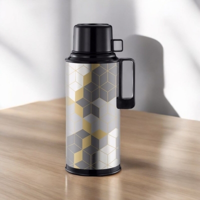 Picture of Regal 1.8L Flask - Double Wall Insulation, Leak-Proof, Stylish Silver Print Body, High-Quality Glass Refill for Purity, Eco-Friendly, Portable, Keeps Beverages Hot or Cold for 12-24 Hours, Plastic Handle-Multicolor