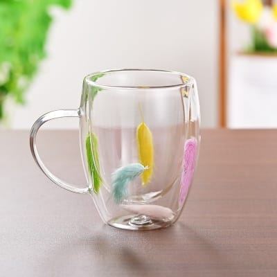 Picture of Creative Feather Double Wall Glass Mug-Multicolor