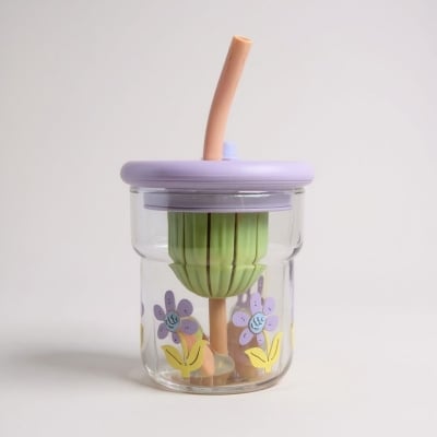 Picture of Aesthetic Purple Flower Power Glass Tumbler 16oz (500ml) with Lid & Straw | Reusable Borosilicate Glass Iced Coffee Cup & Juice Bottle with Infuser Design for Women & Girls on the go Travel Use-Multicolor