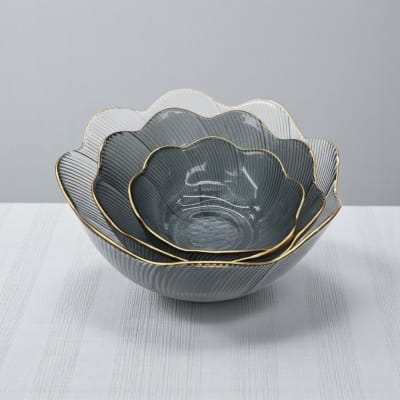 Picture of Exquisite Grey Wavy Glass Serving Bowl Set with Lustrous Gold Rim, Vertical Ribbed Texture, Irregular Lotus Flower Shape, High-White Crystal Clarity for Elegant Salads, Soups, Desserts, and Luxury Table Decor.-Multicolor