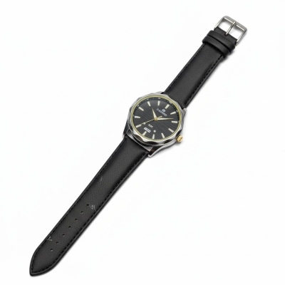 Picture of Men's Luxury Business Quartz Wristwatch Featuring Premium Black Leather Strap Two-Tone Silver Gold Bezel Elegant Analog Display with Date Function for Formal Professional Office Wear and Corporate Gifting Style Accessories.-Black
