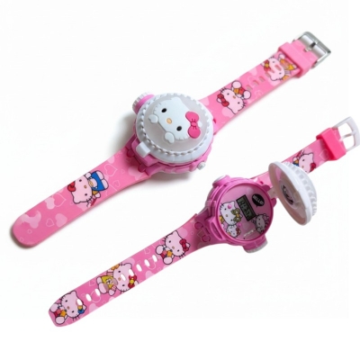 Picture of Hello Kitty Pink Digital Watch for Kids featuring a 3D Character Flip Cover Built-in LED Projector with 24 Cartoon Images and Adjustable Silicone Strap for Girls Birthday Gift and Daily Wear.-Pink