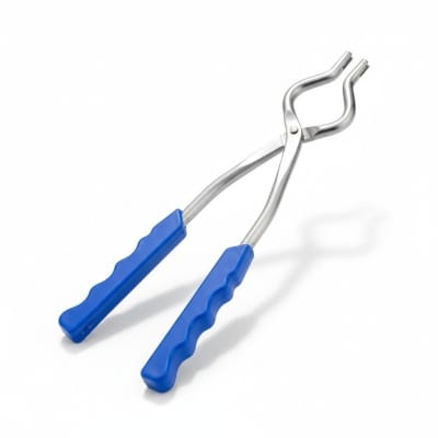 Picture of Stainless Steel Kitchen Pakkad Tong Sansi with Blue Comfort Grip Handle for Holding Hot Pots Pans Patila and Cooker Securely in Kitchen Traditional Indian Utility Pincer Tool for Cooking Safety.-Multicolor