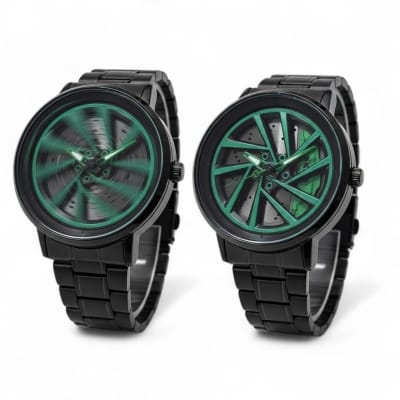 Picture of Premium Car Wheel Rim Rolling Watch for Men Featuring 3D Spinning Hub Metal Dial with Green Brake Caliper Luxury Quartz Movement and Waterproof Stainless Steel Black Strap Stylish Sporty Fashionable Wristwatch.-Multicolor