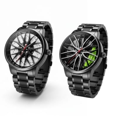 Picture of Luxury Men's Car Wheel Rim Hub Watch Featuring 3D Hollow Spinning Dial Design Japanese Quartz Movement Stainless Steel Waterproof Chronograph Sports Wristwatch Perfect Gift for Automotive Enthusiasts Racing Fans and Car Lovers.-Black