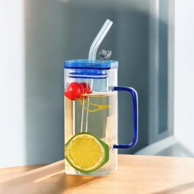 Picture of Borosilicate Glass 400ml Tumbler with Colorful Handle, Acrylic Lid, and Straw – Safe for Microwave, Scratch Resistant – Perfect for Coffee, Juice, Milk – 1PCS.-Blue
