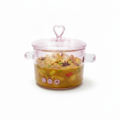 Picture of Pink Borosilicate Glass Cooking Pot 1.5L: Heat-Resistant Stovetop Saucepan with Heart Lid & Dual Handles for Healthy Soup, Noodle, Pasta, & Baby Food Cookware, Clear & Transparent Design-Multicolor