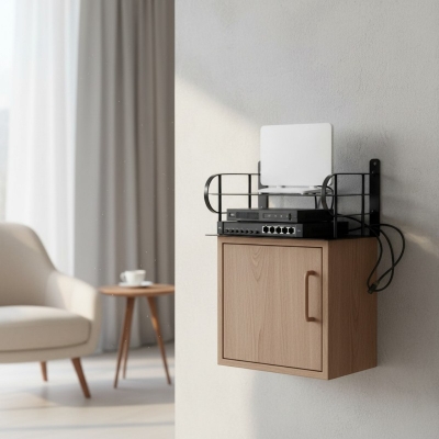 Picture of Modern Wall Hanging Storage Unit for Electronics, Multi-functional Floating Metal Wire Rack for Routers, Media Players, Set-Top Boxes, Streaming Devices, Cable Management Organizer, Sleek Home Office Decor, Easy Mount Hardware.-Black