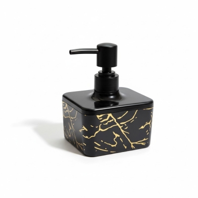 Picture of Luxury Black glass liquid soap dispenser featuring a premium gold-colored pump and decorative SOAP gold lettering perfect for enhancing your bathroom vanity decor or modern kitchen sink countertop with elegant style.-black