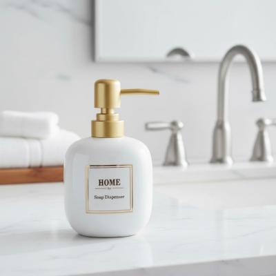 Picture of Luxury white marble ceramic soap dispenser featuring a premium gold-toned pump and decorative HOME printed label perfect for enhancing your bathroom vanity decor or modern kitchen sink countertop with elegant style today.-white