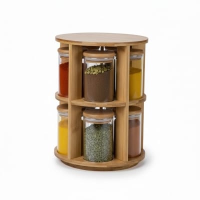 Picture of 360° Rotating Bamboo Spice Rack Organizer with 10 Airtight Glass Jars for Kitchen Countertop Storage Carousel and Space Saving Seasoning Holder Stand with Natural Wood Finish for Modern Pantry Organization Needs.-Multicolor