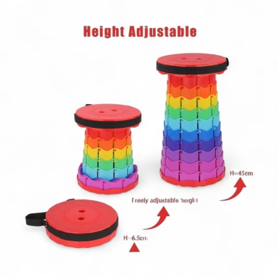 Picture of 1PC Rainbow Round Stool Adjustable Height Foldable Plastic Chair Portable Compact Ideal for Camping Hiking Picnic Outdoor BBQ and Home Use-red