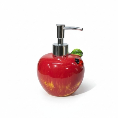 Picture of Premium red apple-shaped ceramic soap dispenser for bathroom vanity decor featuring a durable rust-proof pump and refillable liquid hand soap container designed to add a stylish touch to your modern kitchen sink.-Red