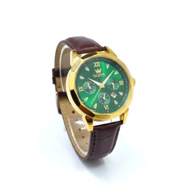 Picture of New Men’s Business Watch Gold Case Black Face Design Brown Leather Strap Quartz Analog Movement Water Resistant Construction Three Decorative Dials Calendar Display Premium Quality Men’s Fashion Accessory for Unique Style Daily.-Multicolor