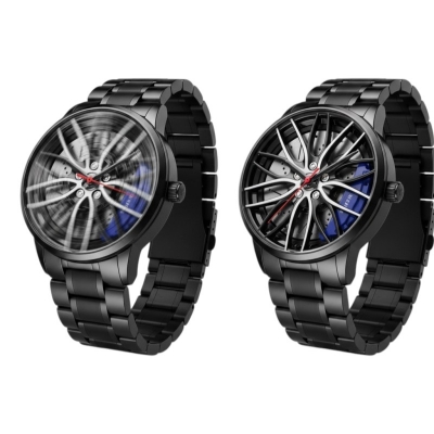 Picture of Premium Car Wheel Rim Hub Design Men's Quartz Wrist Watch with Waterproof Stainless Steel Strap, 3D Rotating Dial, Sporty Aesthetic, and High-Precision Timekeeping for Automotive Enthusiasts and Modern Fashion Lovers.-Black