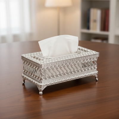 Picture of Ornate Silver Plated Filigree Metal Tissue Box Holder Luxury European Vintage Style Rectangular Napkin Case for Elegant Home Decor Living Room Bathroom Office Vanity Countertop Decorative Accessories for Gifting Purpose.-Silver