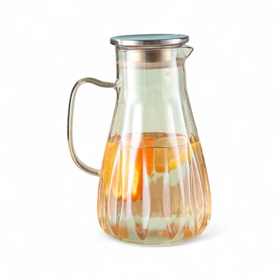 Picture of Classic Round Glass Water Pitcher with Stainless Steel Lid, Heat Resistant 2-Litre Beverage Carafe for Hot and Cold Drinks, BPA-Free Anti-Corrosion Kettle with Handle, Dishwasher Safe Elegant Modern Style-golden