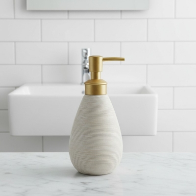 Picture of Elegant white ribbed ceramic soap dispenser featuring a premium gold-toned pump mechanism perfect for enhancing your bathroom vanity decor or modern kitchen sink countertop with a sophisticated and timeless touch of style.-Multicolor
